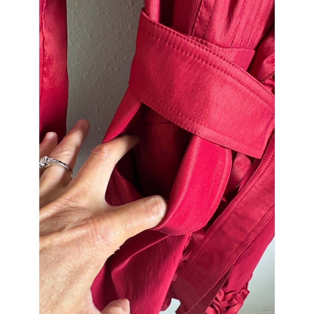 Samuel Dong Red Ruffle Trench Coat Women Small Dramatic Collar Belted Jacket - Picture 4 of 9